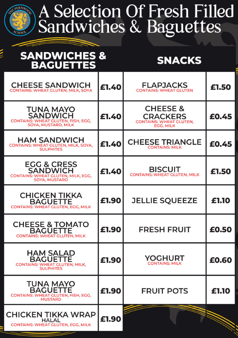 Sandwiches and Baguettes Menu