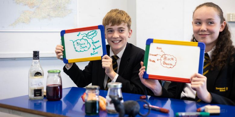 Image of students working on whiteboards in a history lesson